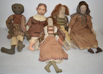 LOT (5) FOLKY CLOTH ARTISAN DOLLS