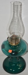 VINTAGE TEAL GREEN GLASS OIL LAMP