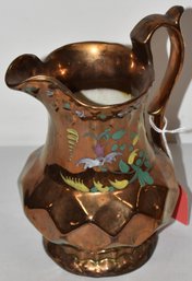 8' COPPER LUSTER PITCHER W/ PAINTED FLORAL TULIP DECORATION
