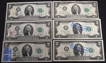 (6) 1976 (2) DOLLAR COUNTER STAMPED U.S. BILLS