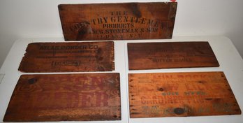 (5) VINTAGE WOODEN ADVERTISING CRATE PANELS