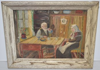 OIL ON CANVAS BOARD OF OLDER COUPLE AT TABLE HAVING TEA