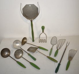 (11) LONG GREEN HANDLED KITCHEN UTENSILS