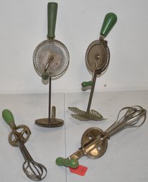 (4) VINTAGE GREEN HANDLED EGG BEATERS