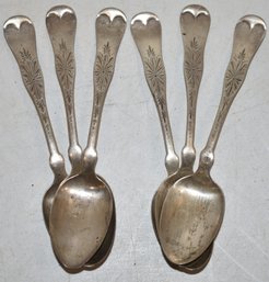 SET (6) STERLING TEA SPOONS W/ BRIGHT CUT DECORATION