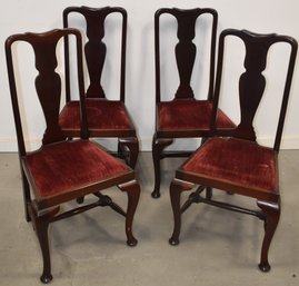 SET (4) QUEEN ANNE DINNING CHAIRS W/ RED VELVET DROP IN SEATS