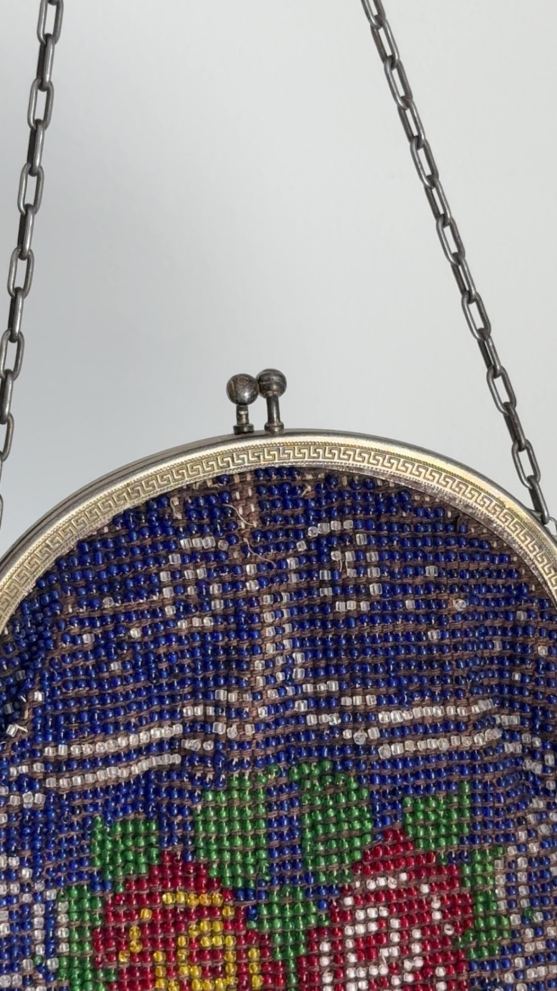 Vintage Blue Beaded Evening Bag With A Metal Frame And Chain Strap ...