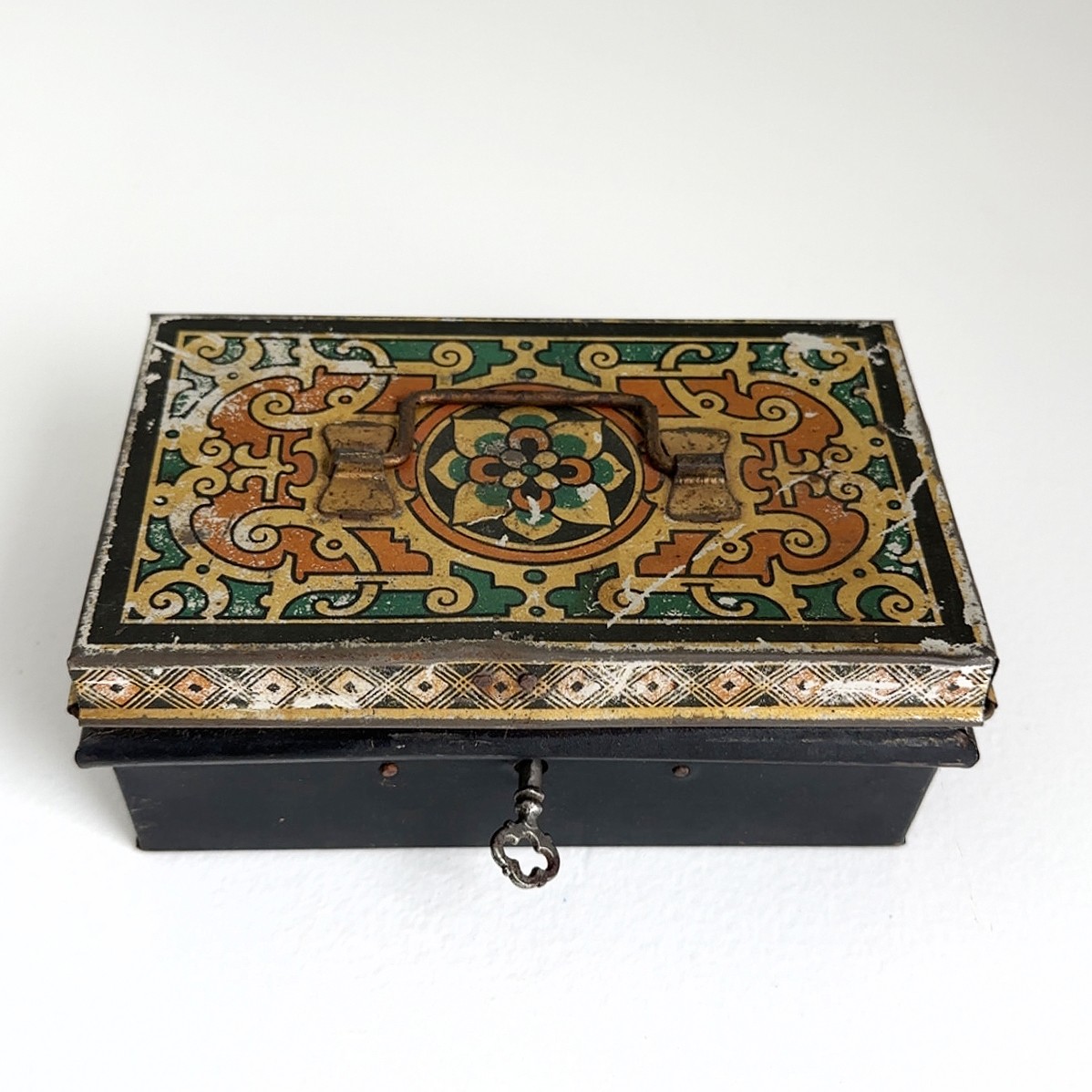 Small/mini Vintage Art Deco Lithograph Lockable Cash Tin Jewelry Box ...