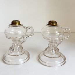 Pair Of Antique Glass Oil Finger Lamps. Early Lighting. Americana.