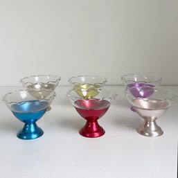 Set Of Six (6) Vintage Multi Colored Aluminum Sherbet Cups With Glass Inserts. Dessert. Dining Tableware.