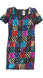 Vintage Silk & Colorful Sequins Dress. Women's Size 6. Leslie Fay Evenings. Shoulder Pads. Zipper Back.