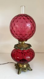 Antique Cranberry Colored Glass Coin Dot Thumbprint 'Gone With The Wind' Banquet Lamp With Brass Base