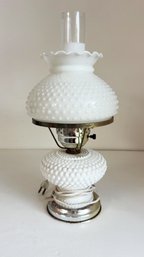 Vintage Mid-century White Milk Glass Hobnail Hurricane Table Lamp