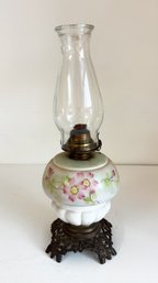Vintage Hand-painted Floral Milk Glass Oil Lamp With Glass Chimney.