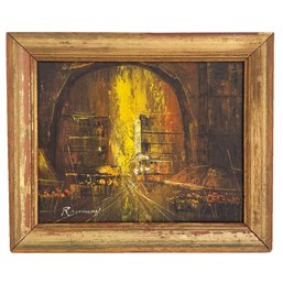 Small Framed Vintage Painting On Canvas. Alleyway Or Market Scene Under An Archway. Browns And Yellow Tones.