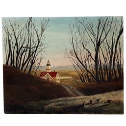 Vintage Oil Painting On Board Of A Coastal Wooded Landscape Scane With A Red-roofed Lighthouse. Birds. Marsh.