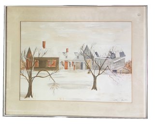 Framed Landscape Snow Scene Watercolor Painting. House And Barn. Signed Lower Right.