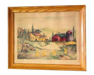 Vintage Framed Water Color. Farm Scene. Signed Lower Right Corner. 1966. Folk Art Rural Scene. Fall Colors.