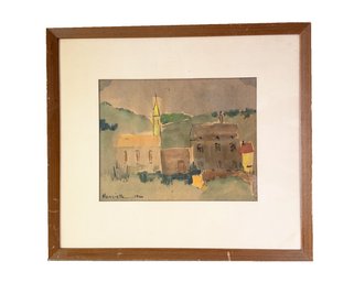 Framed Vintage Watercolor And Ink Painting On Paper Of Houses And Church Scene. Landscape. Signed Left Corner.