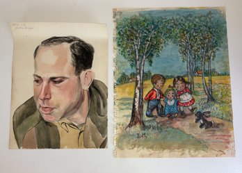 Lot Of Two (2) Watercolor Painting On Paper: Portrait Of A Man & Children Outside Scene. Both Signed.