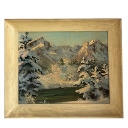 Framed Vintage Winter Landscape Painting On Board. Unsigned. Trees, Mountains, Nature. Wall Art.