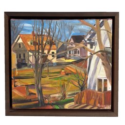 Framed Painting Of A New England Town. Oil Paint On Canvas. Signed Lower Right Corner. Trees, Houses, Wall Art