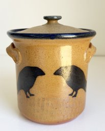 Monroe Salt Works Canister Crock With Lid.  'Crow' Pattern, Made In Maine. 7 Inches Tall.