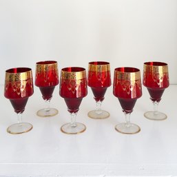 Set Of Six (6) Vintage 1950s (mid-Century) Ruby Red Art Glass Goblets With Gold Accents. Stemware.