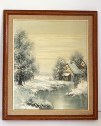 Vintage Framed Oil Painting Depicting A Winter Landscape. Signed J. Glotzer. 25'x29'