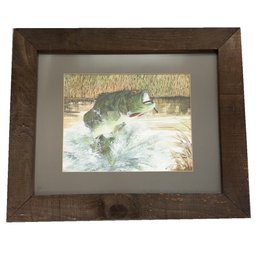 Milt Prouty Painting Of A Leaping Fish. Oil On Board, Framed. Signed & Dated 1985.