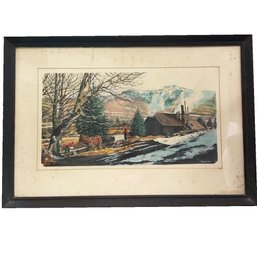 Framed Vintage Watercolor Painting Farm Scene, Rural Countryside. Landscape. Mountains. Horse Drawn Sled.