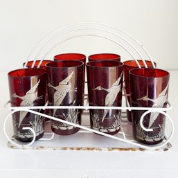 Vintage Anchor Hocking Glass Ruby Royal Wild Geese & Cattails Tumblers Set Of Eight (8) In Caddy/drying Rack