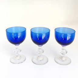 Three (3) Small Cordial Glasses, Cobalt Blue And Clear Color