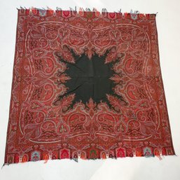 Antique Paisley Shawl. 64' X 66' Square. Red Multi Colors. Black Medallion Center.