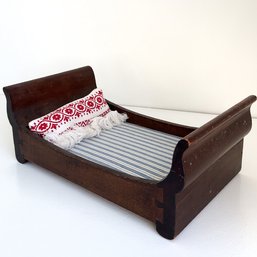 Antique Wooden Dollhouse Sleigh Bed With Pillow. Small Toy Bed. 16.50 Inches Long.