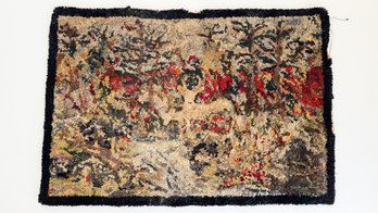 Vintage Forest Scene Small Hooked Rug. 14' X 21'. Folk Art. Americana. Home Accents.