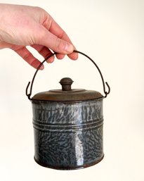 Antique Gray Graniteware Dinner Bucket/berry Pail With Lid And Handle. 6 Inch Total Height With Handle Upwards