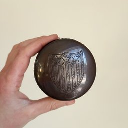 Small Vintage Round Container/trinket Box With Lid Featuring A Decorative Shield Design. Americana