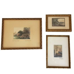 Three Small Hand Colored Landscape Images. Two Are Signed By Fred Thompson. 'old Homestead' And Others