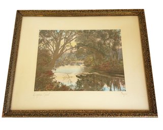 Beautiful Framed Image Of A Pond. Colored Photograph. Signed Sawyer. Ornate Frame. Wall Art, Landscape.