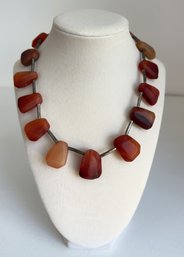 Beautiful Hand Crafted Necklace With Orange Stones And Silver Toned Links. 16 Inches Long. Estate Jewelry.