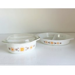 Two (2) Vintage Pyrex Casserole Dishes. 'Town & Country' Pattern. Vintage Cookware.