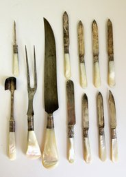 Lot Of Antique Mother Of Pearl Handled, Sterling Silver Banded Cutlery Pieces.