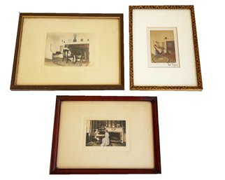 Collection Of Three Framed Colored Images. Interior Scenes. Two Stamped/signed Fred Thompson.