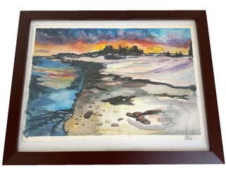Framed Watercolor Painting Of A Coastal Seascape At Sunrise/set. Signed HENDRICK.