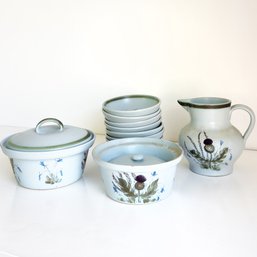 Misc. Collection Of Vintage Buchan Thistleware Stoneware. Pitcher, 7 Bowls & 2 Covered Pots. Thistle Pattern.