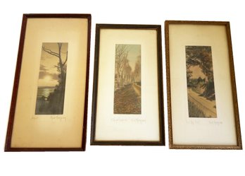 Three Framed Fred Thompson Colored Photo Images. Titled: Sunset, Live Oak Bluff & Falling Leaves. Art. Maine.