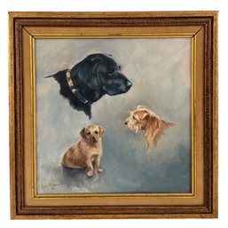Vintage Framed Oil Painting Of Three Dogs. Wall Art. Dog Lover. Man's Best Friend. Black Lab, Mixed Breeds