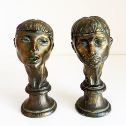 Pair Of Vintage Mid-Century Modern Fred Press Bronze Sculptures Featuring Busts Of Young Women.