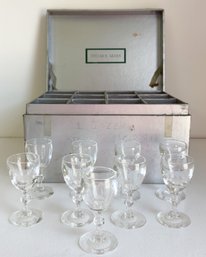 Lot Of Steuben Glass Cordials In Box. (9 Glasses In Total). Mid 20th Century Stemware Glasses.
